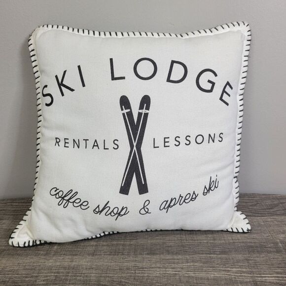 Ski Lodge Winter Coffeshop Black and‎ White Square Throw Pillow - Picture 1 of 6